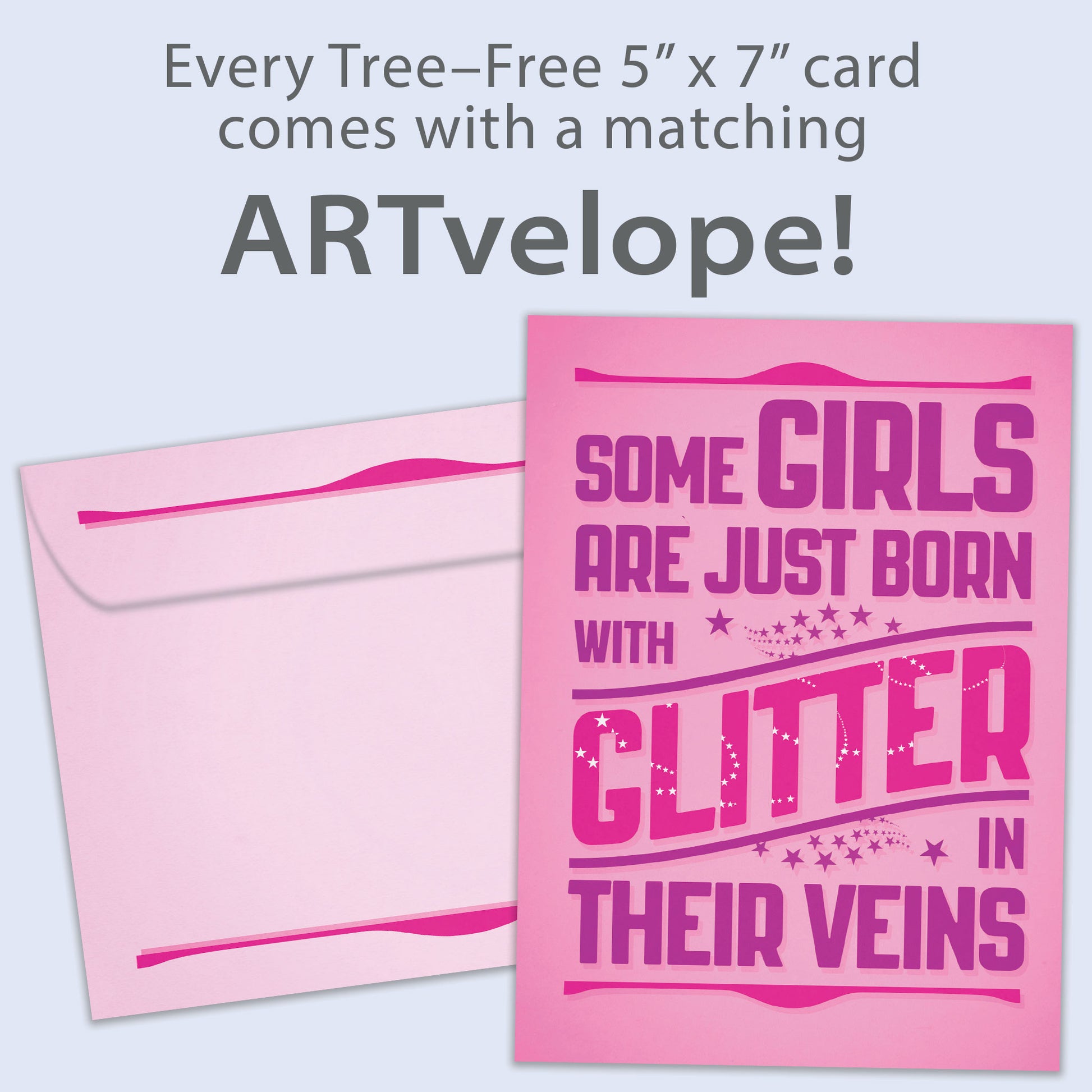 Front view of a Birthday greeting card featuring a cheerful message about girls born with glitter on a pink background, with matching envelope artwork.