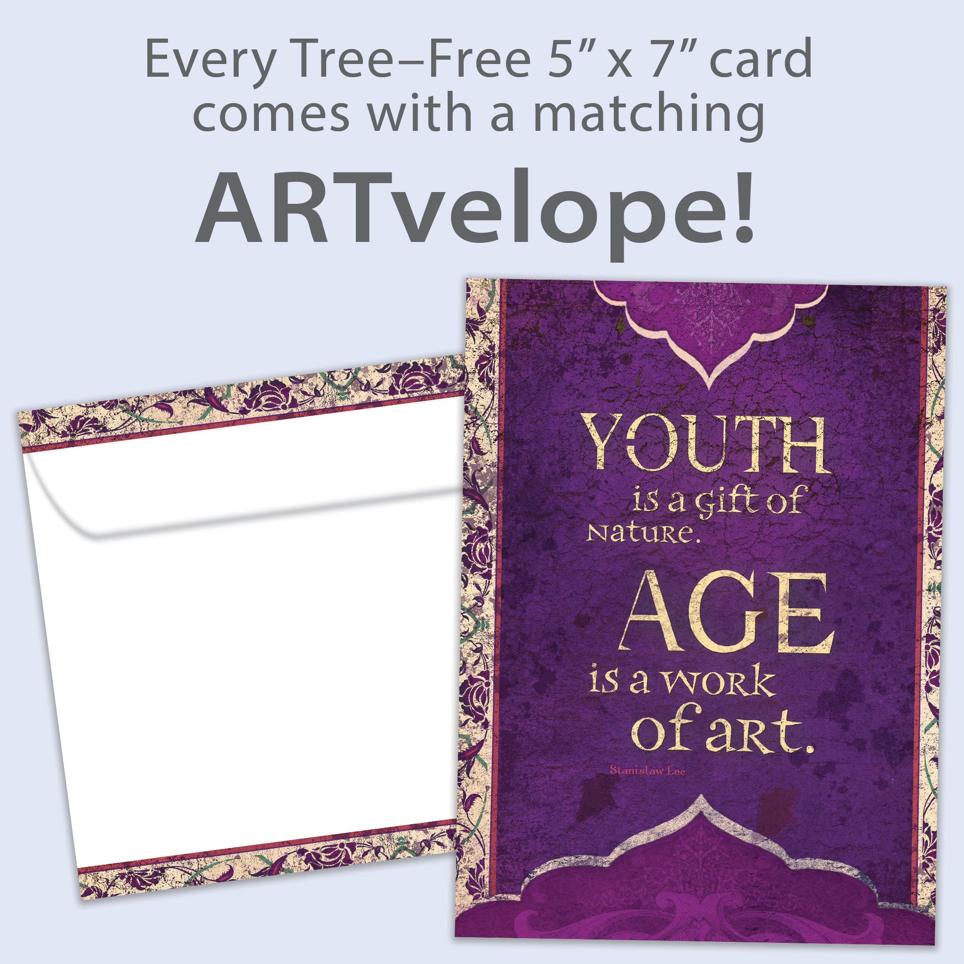 Front view of a Birthday greeting card featuring a message about age and art on a purple artistic background, with matching envelope artwork.