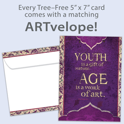 Front view of a Birthday greeting card featuring a message about age and art on a purple artistic background, with matching envelope artwork.
