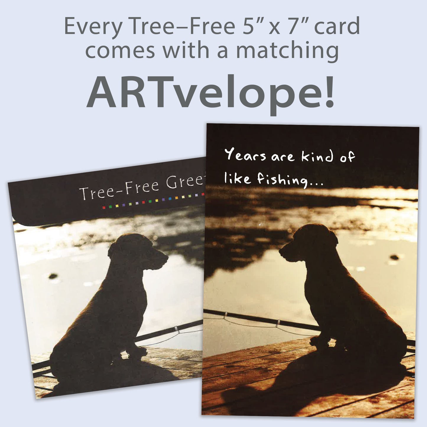 Front view of a Birthday greeting card featuring a dog fishing on a dock with a message about years being like fishing, with matching envelope artwork.