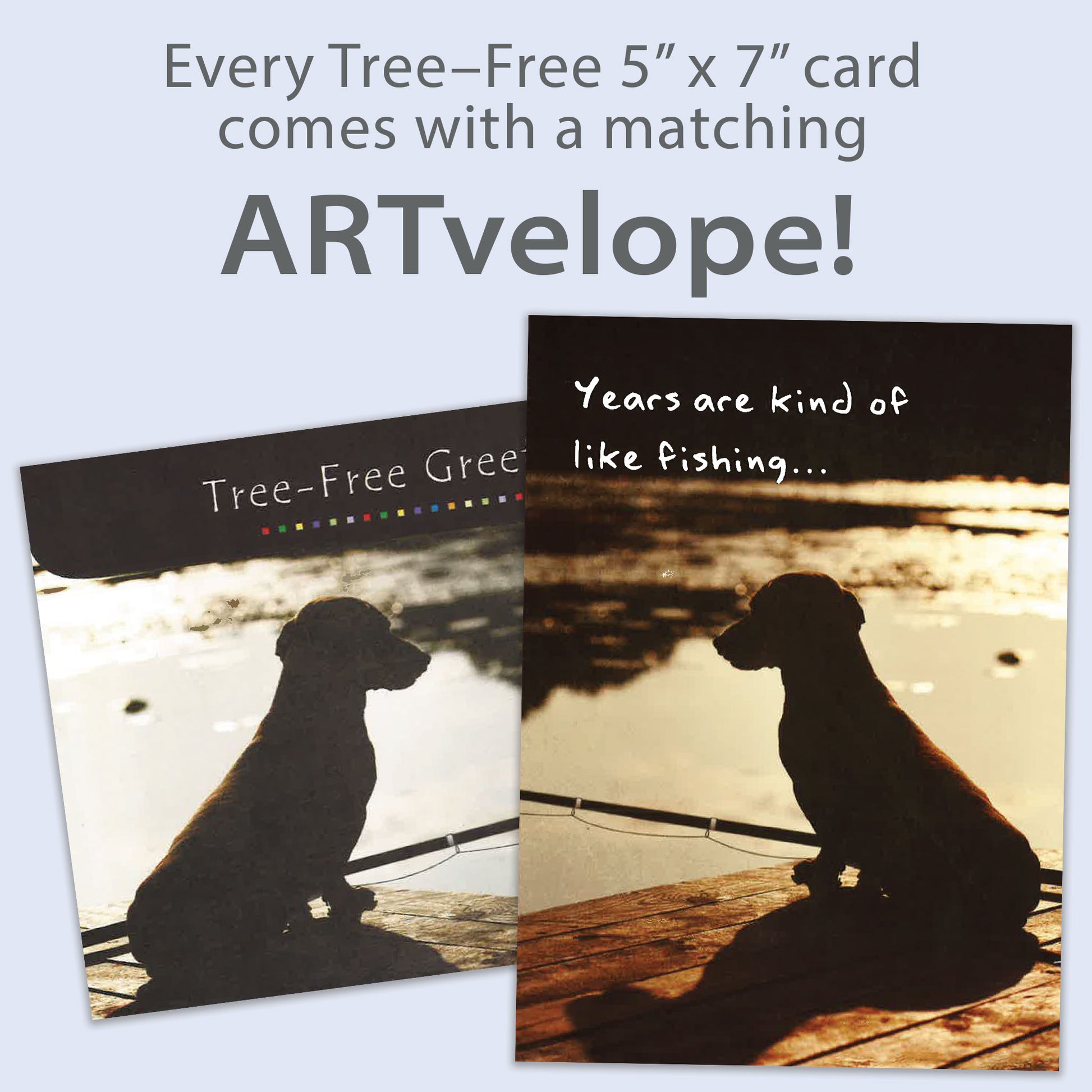 Front view of a Birthday greeting card featuring a dog fishing on a dock with a message about years being like fishing, with matching envelope artwork.