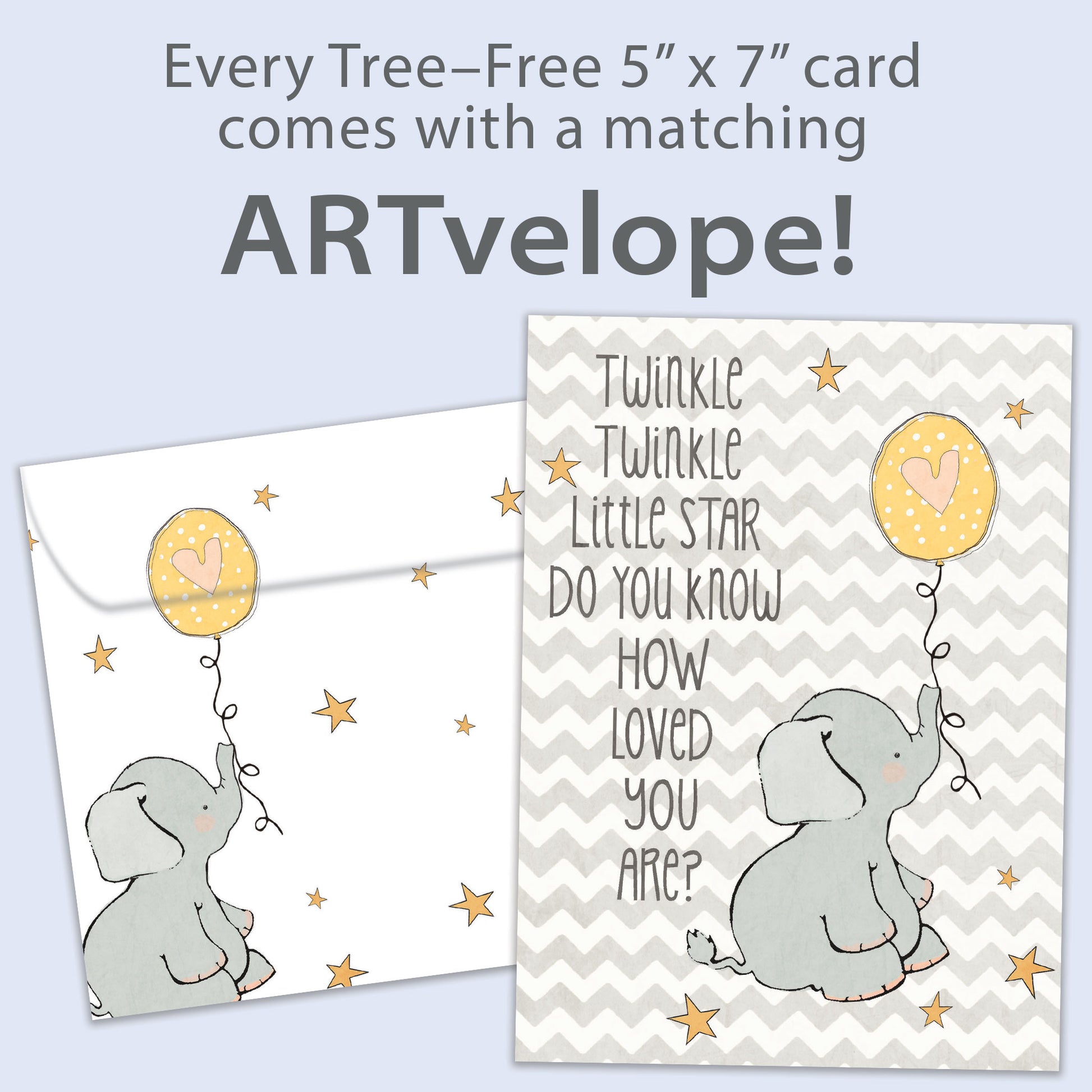 Front view of a Birthday greeting card featuring a baby elephant holding a balloon and a lovely message, with matching envelope artwork.