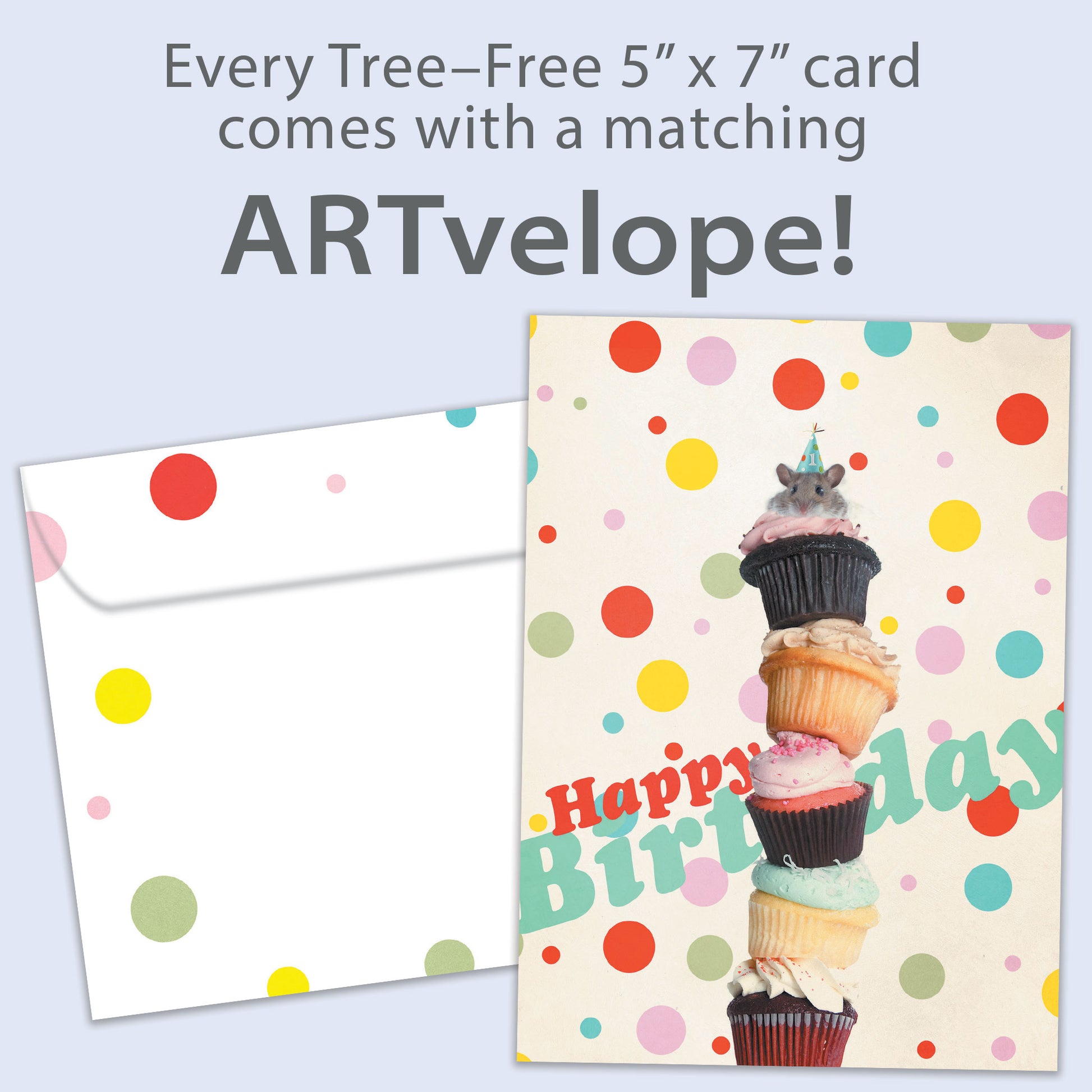Front view of a Birthday greeting card featuring stacked cupcakes and a mouse on top, with matching envelope artwork.