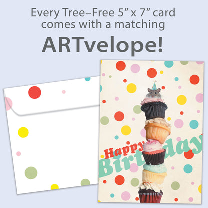Front view of a Birthday greeting card featuring stacked cupcakes and a mouse on top, with matching envelope artwork.
