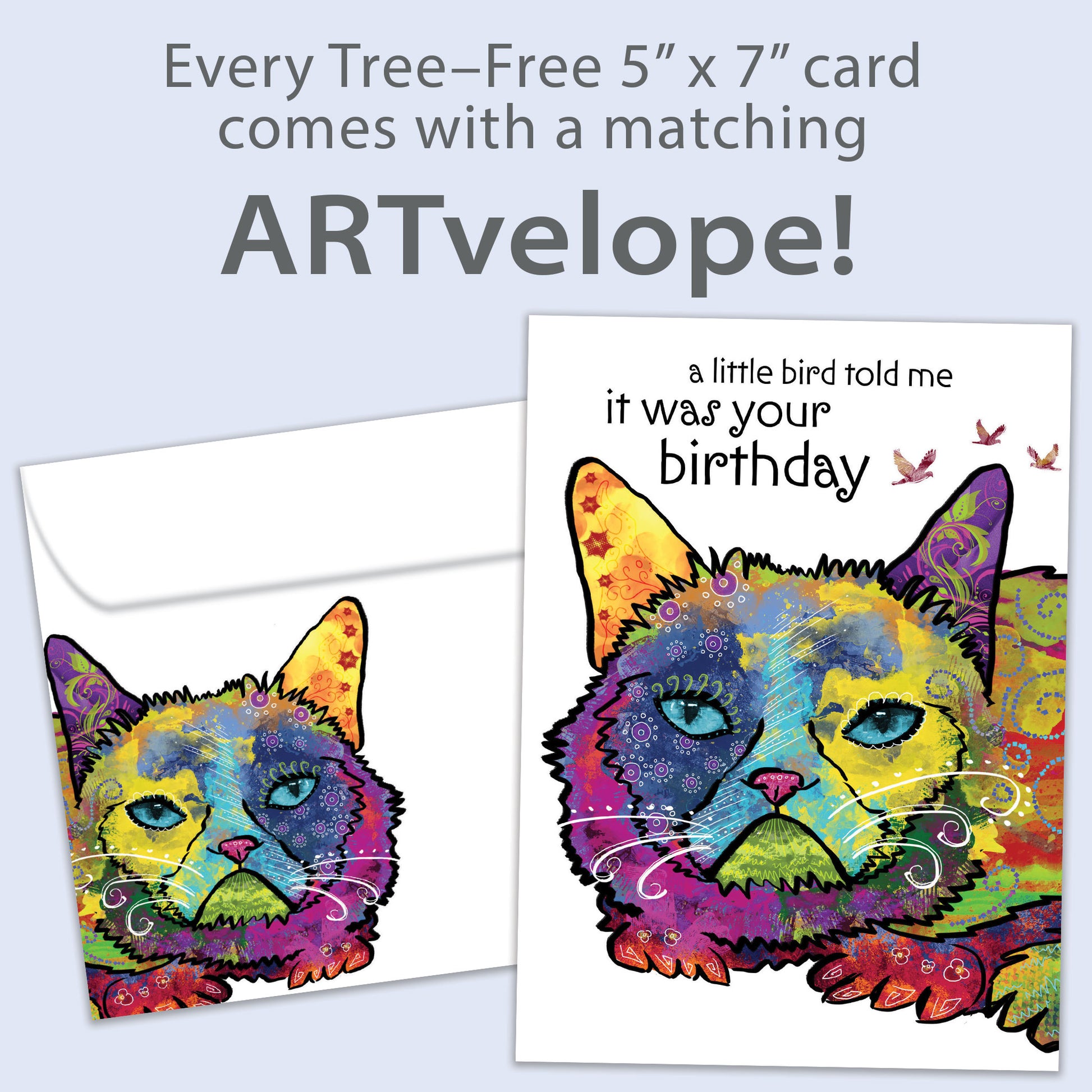 Front view of a Birthday greeting card featuring a colourful cat illustration and a birthday message, with matching envelope artwork.