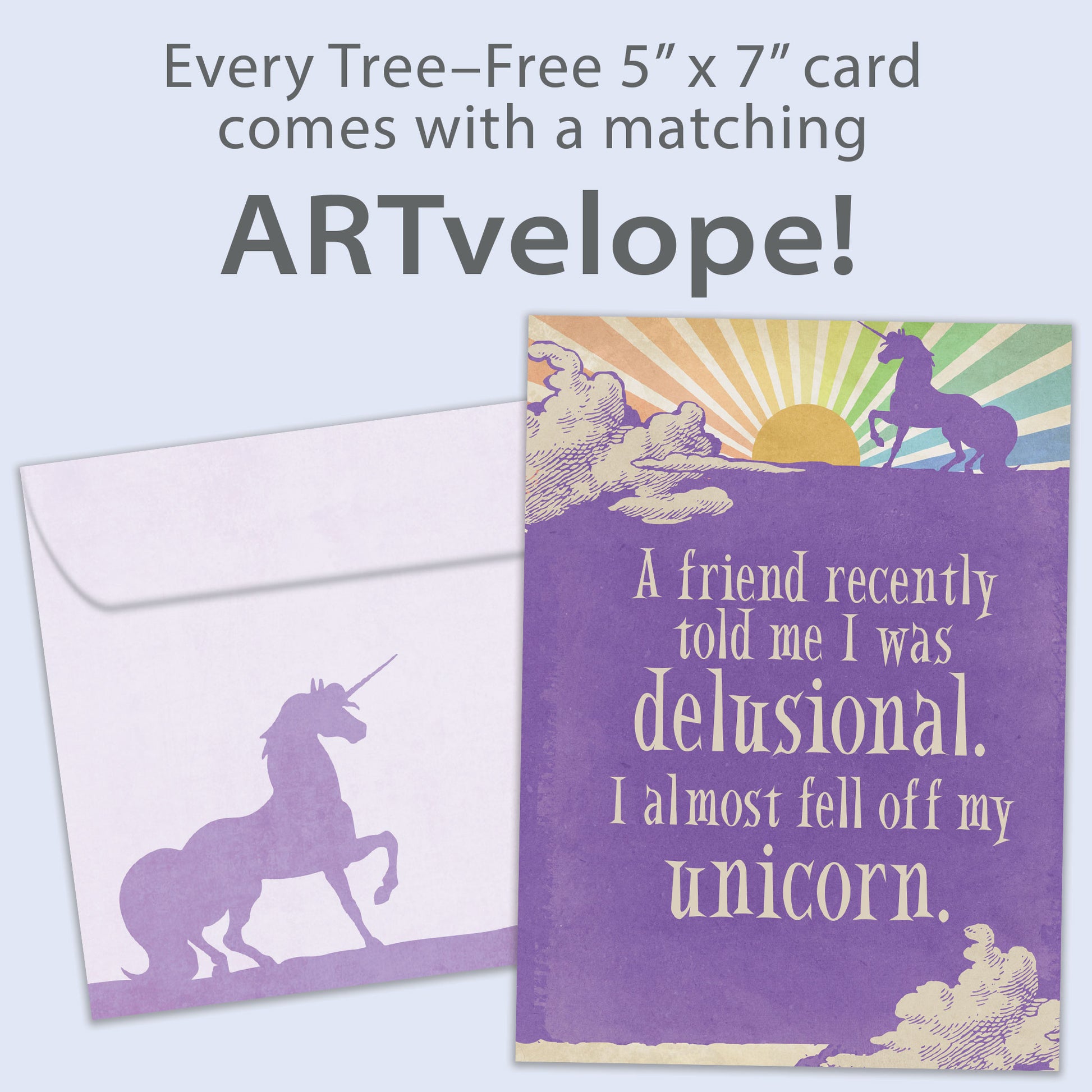 Front view of a Birthday greeting card featuring a unicorn illustration with a humorous message, with matching envelope artwork.