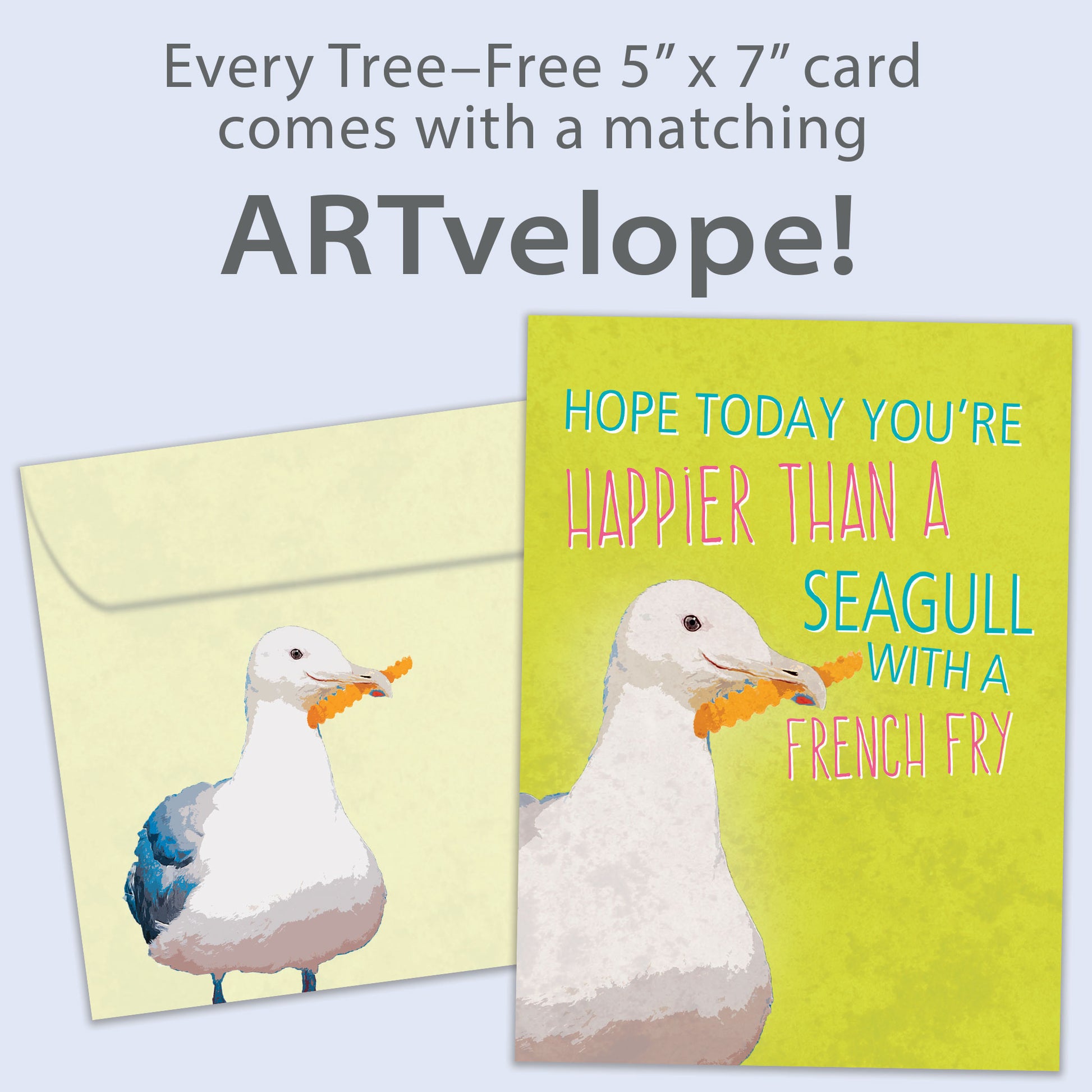 Front view of a Birthday greeting card featuring a seagull holding a french fry, with matching envelope artwork.