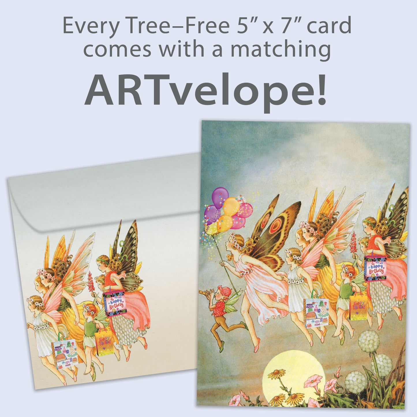 Front view of a Birthday greeting card featuring an illustration of fairies flying, with matching envelope artwork.