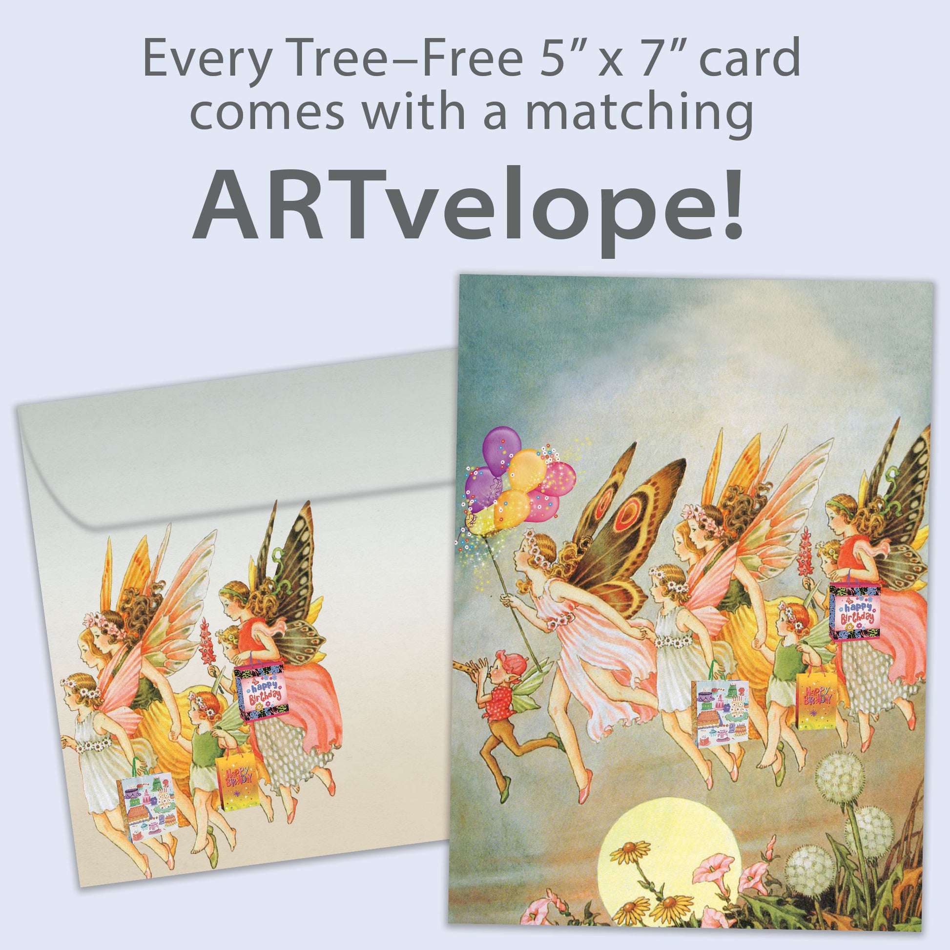 Front view of a Birthday greeting card featuring an illustration of fairies flying, with matching envelope artwork.