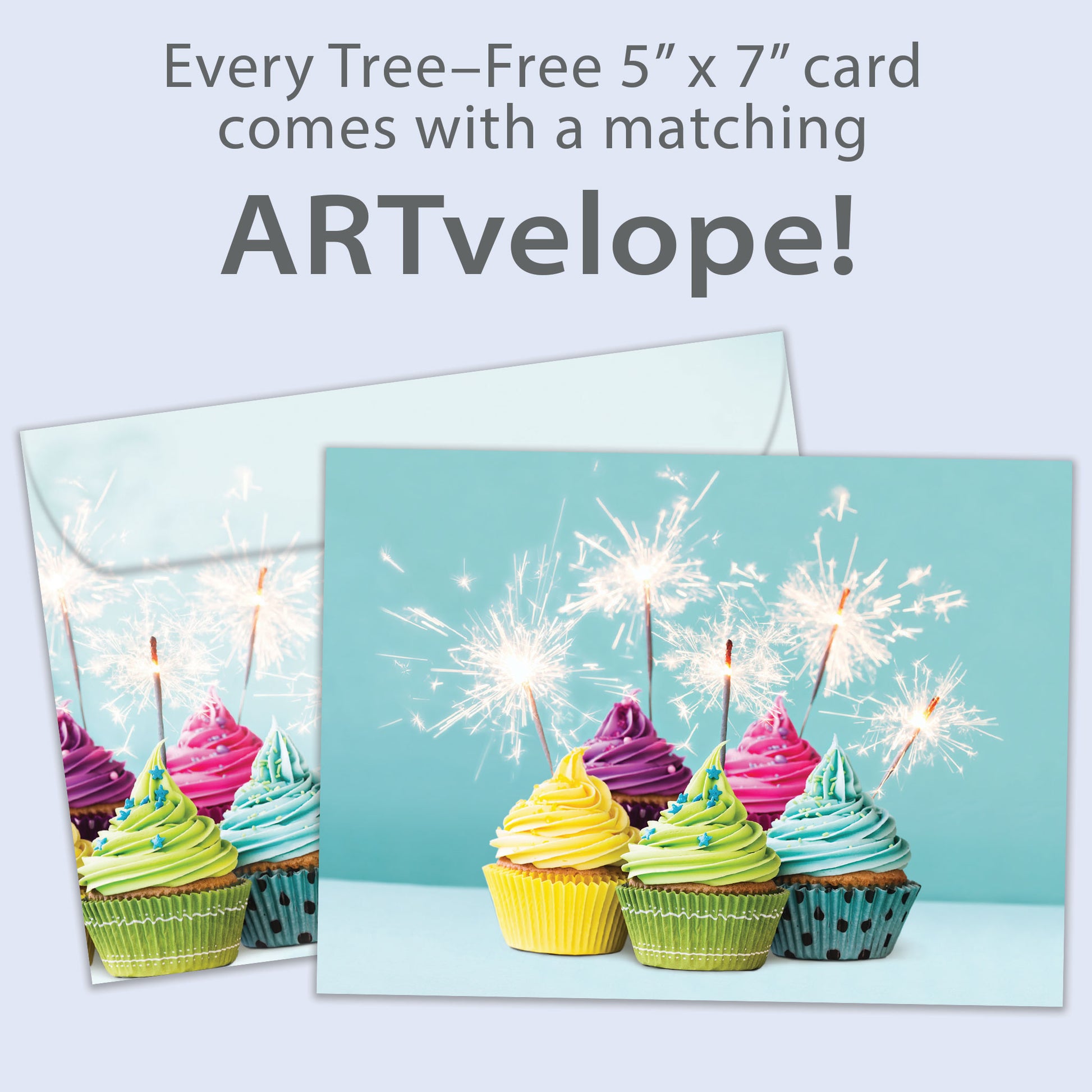 Front view of a Birthday greeting card featuring an image of cupcakes with lit sparkles, with matching envelope artwork.