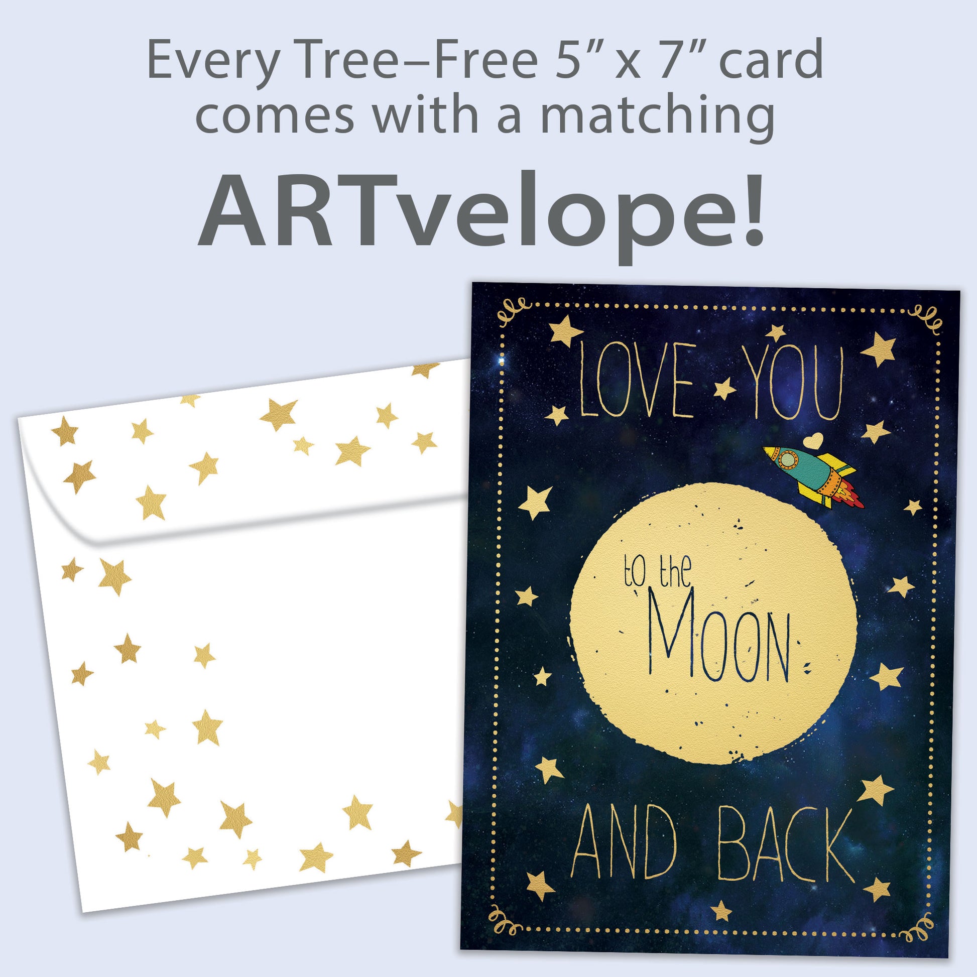 Front view of a Birthday greeting card featuring the message "Love you to the moon and back," with matching envelope artwork.