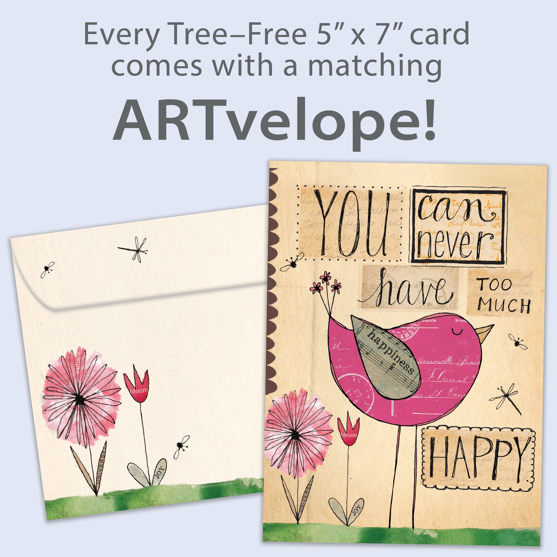 Front view of a Birthday greeting card featuring a happy bird and a cheerful message, with matching envelope artwork.