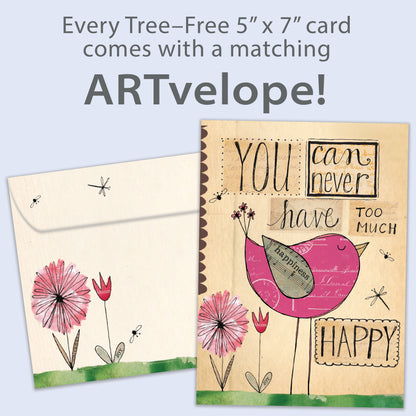 Front view of a Birthday greeting card featuring a happy bird and a cheerful message, with matching envelope artwork.