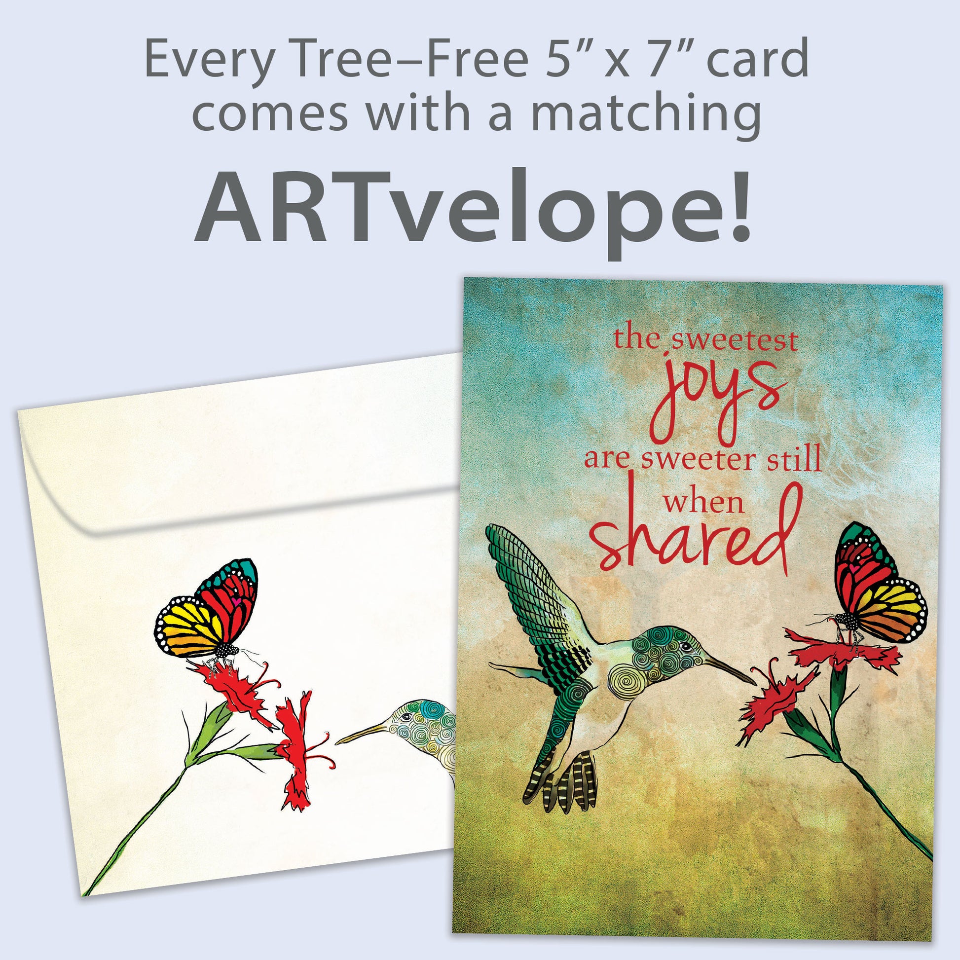 Front view of a Birthday greeting card featuring a bird, flower, and butterfly illustration with a nice message, with matching envelope artwork.