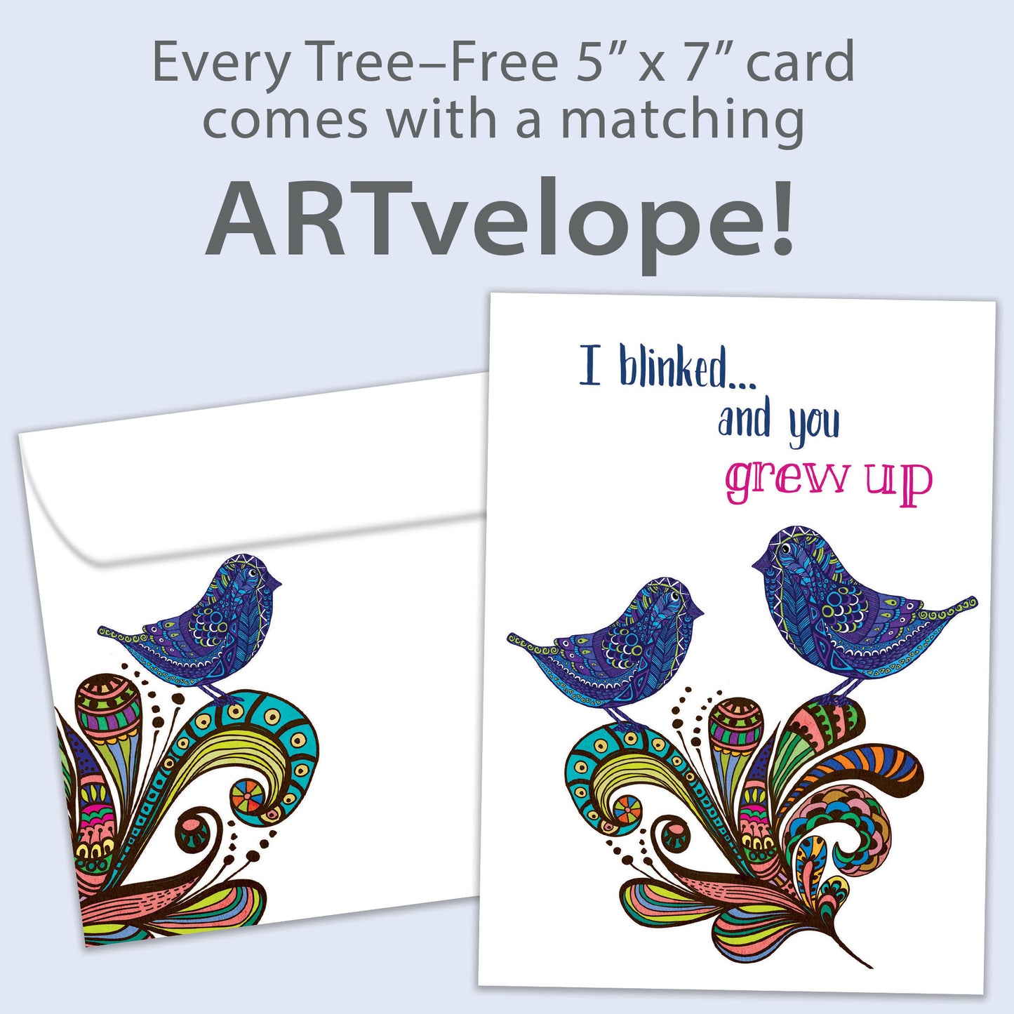 Front view of a Birthday greeting card featuring artistic birds and the message "I blinked…and you grew up," with matching envelope artwork.