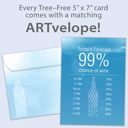 Front view of a Birthday greeting card featuring a "chance of wine" forecast on a blue sky background, with matching envelope artwork.