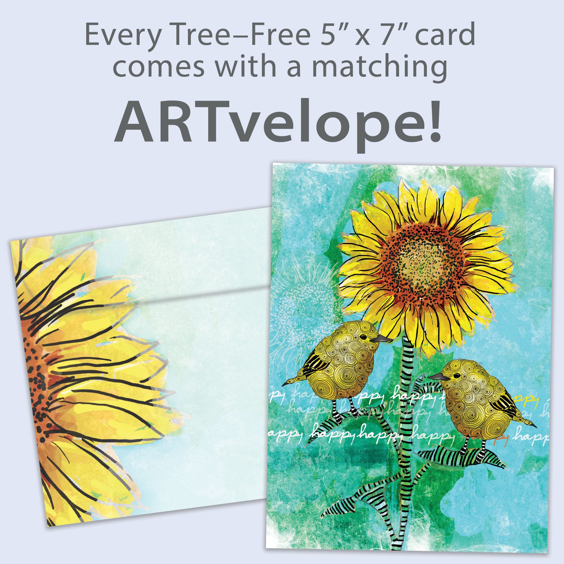 Front view of a Birthday greeting card featuring two birds on a sunflower, with matching envelope artwork.