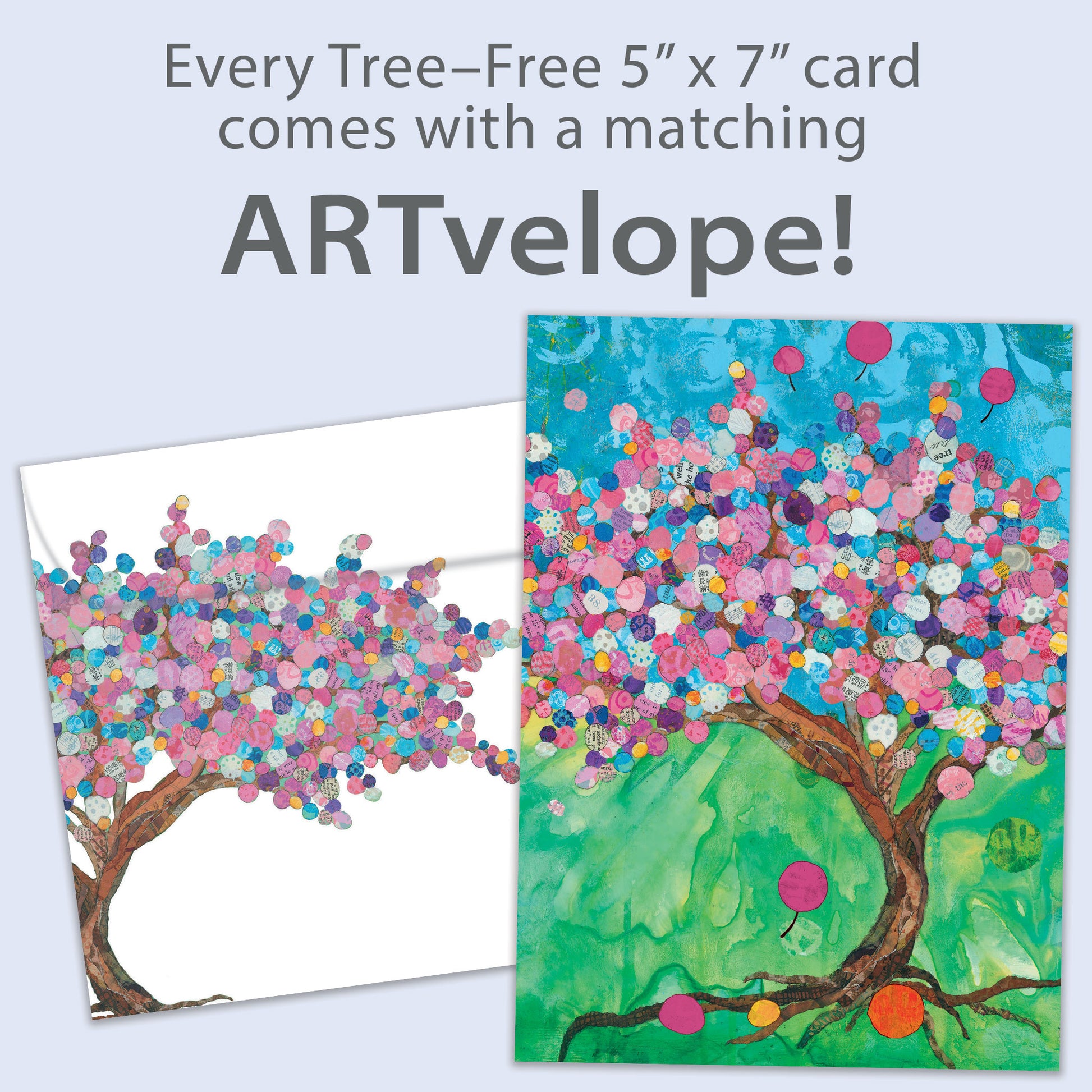 Front view of a Birthday greeting card featuring a tree of balloons, with matching envelope artwork.