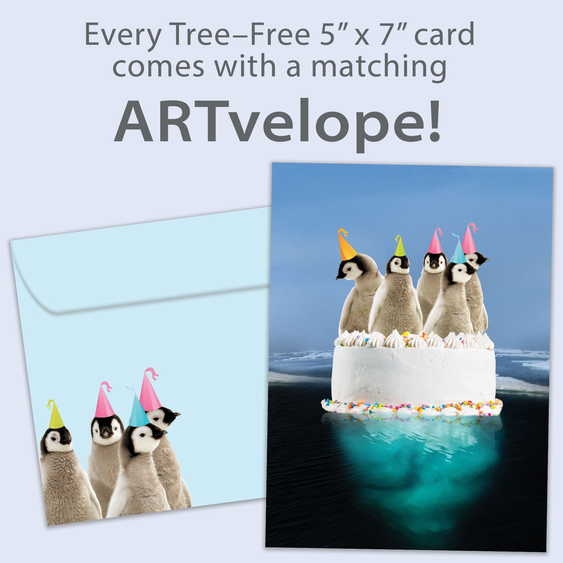 Front view of a Birthday greeting card featuring penguins on top of a cake, with matching envelope artwork.