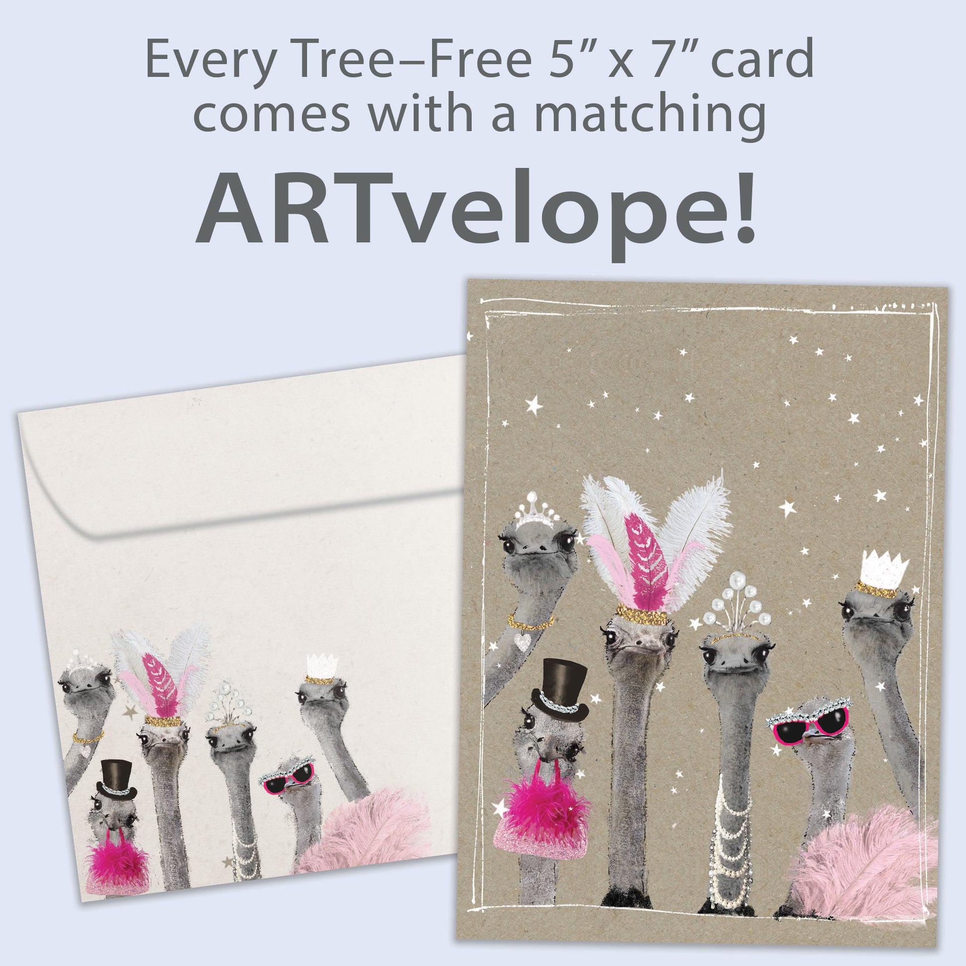 Front view of a Birthday greeting card featuring dressed-up ostriches, with matching envelope artwork.