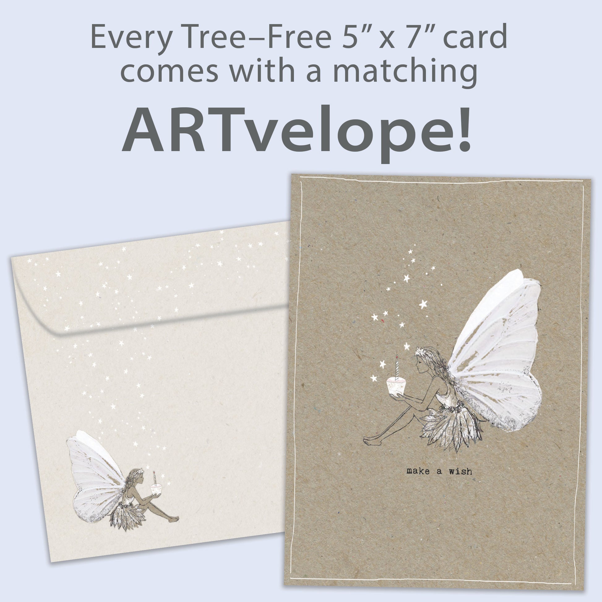 Front view of a Birthday greeting card featuring a dainty fairy holding a cupcake and the message "make a wish," with matching envelope artwork.