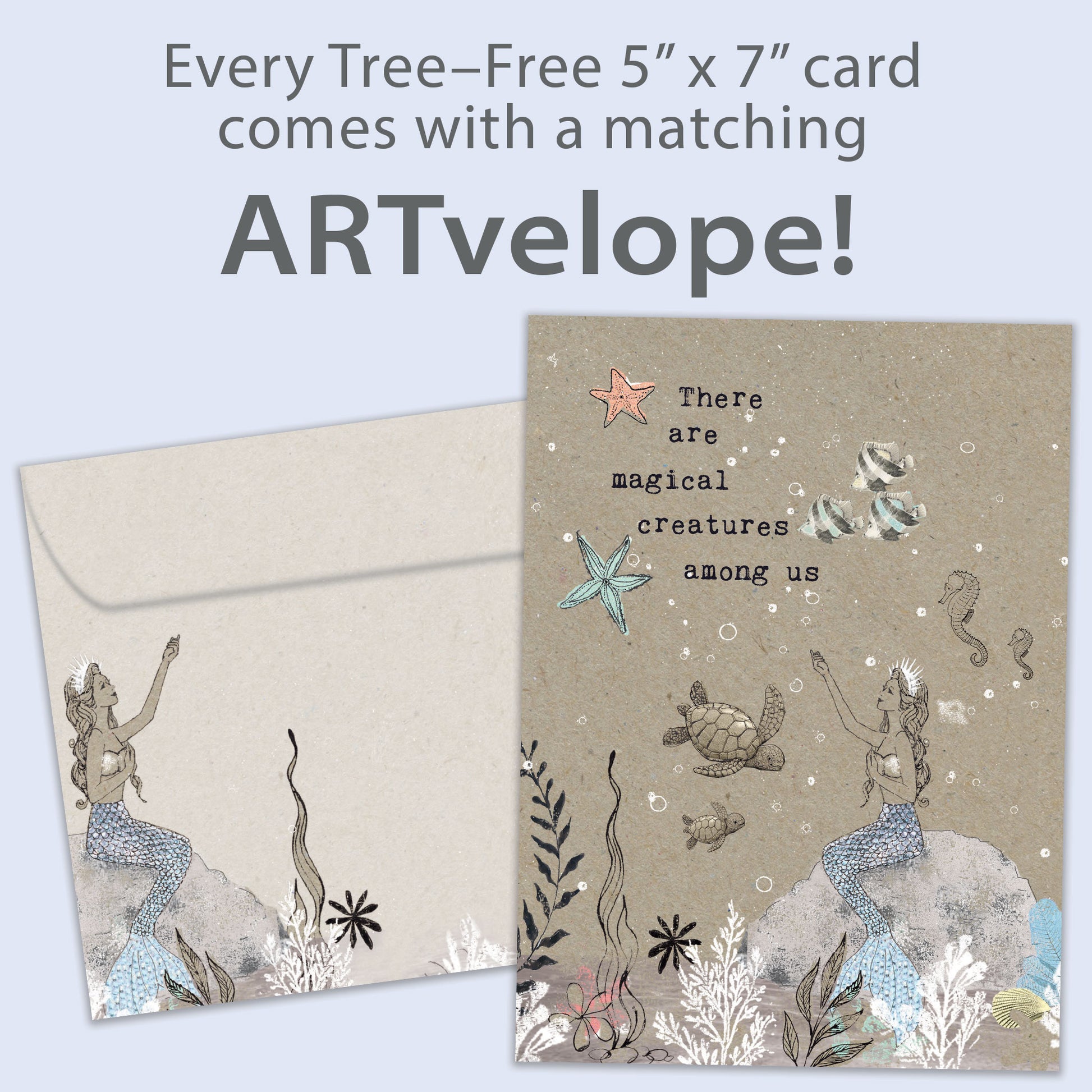 Front view of a Birthday greeting card featuring a mermaid and sea creatures in a magical underwater scene, with matching envelope artwork.