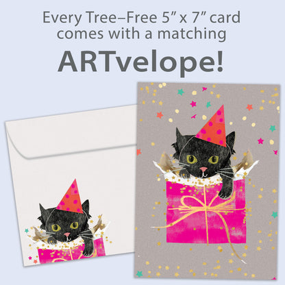 Front view of a Birthday greeting card showcasing a cute kitten in a gift bag with a birthday hat, with a matching envelope design.