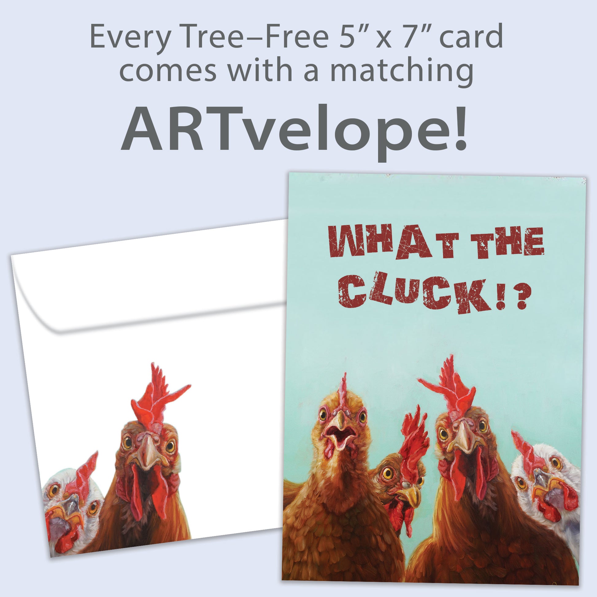 Front view of a Birthday greeting card showcasing roosters with the message "What the cluck!?", with a matching envelope design.