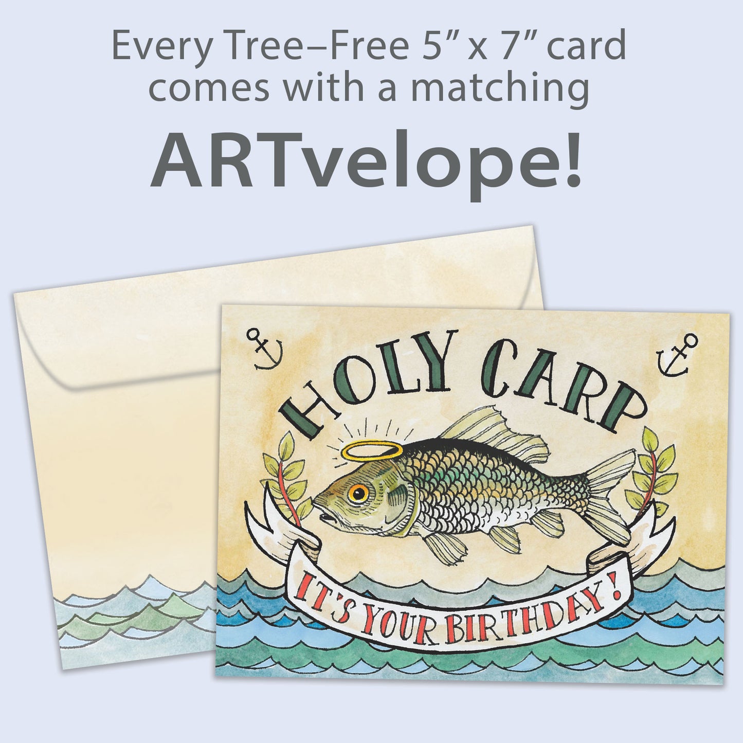 Front view of a Birthday greeting card showcasing a fish with the message "Holy carp. It's your birthday", with a matching envelope design.