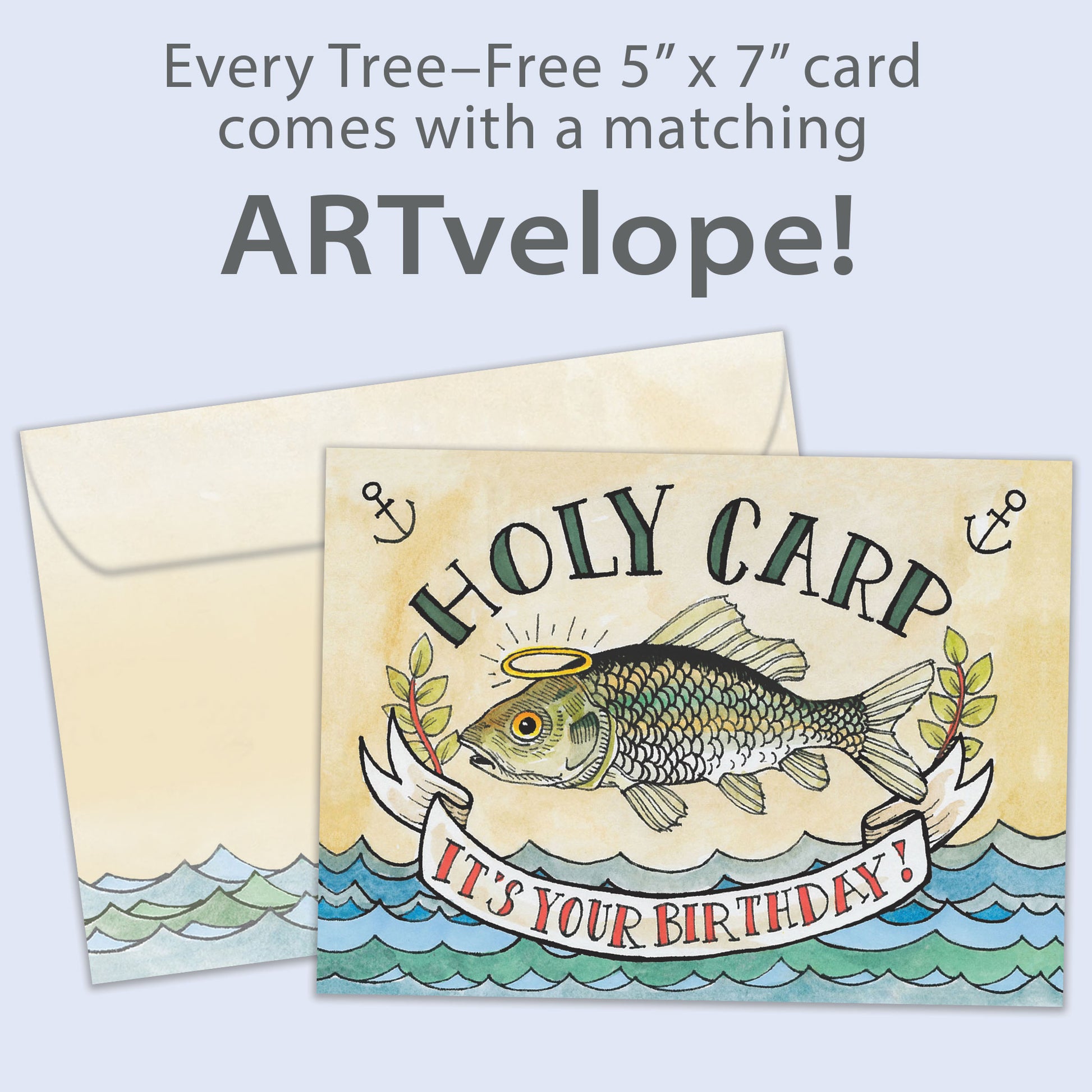 Front view of a Birthday greeting card showcasing a fish with the message "Holy carp. It's your birthday", with a matching envelope design.