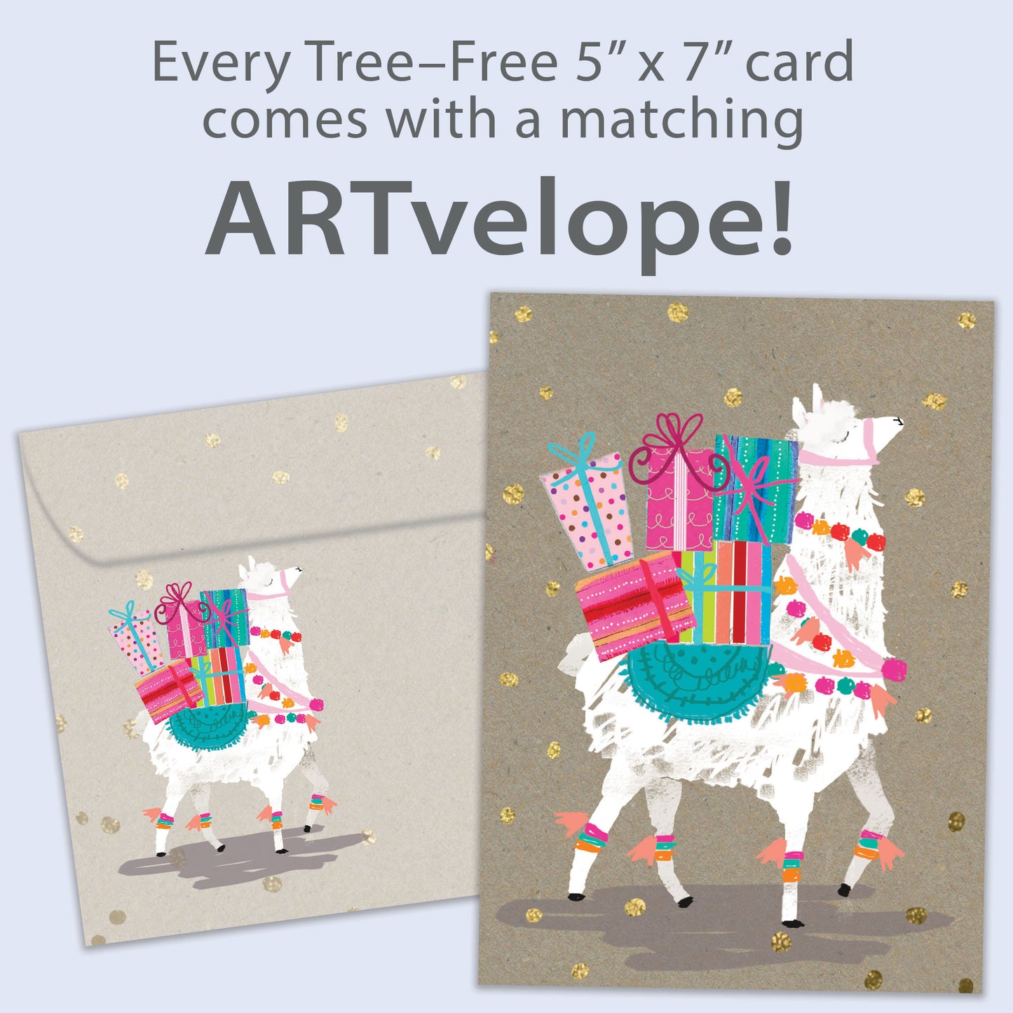 Front view of a Birthday greeting card featuring a llama with birthday presents on its back, with matching envelope artwork.