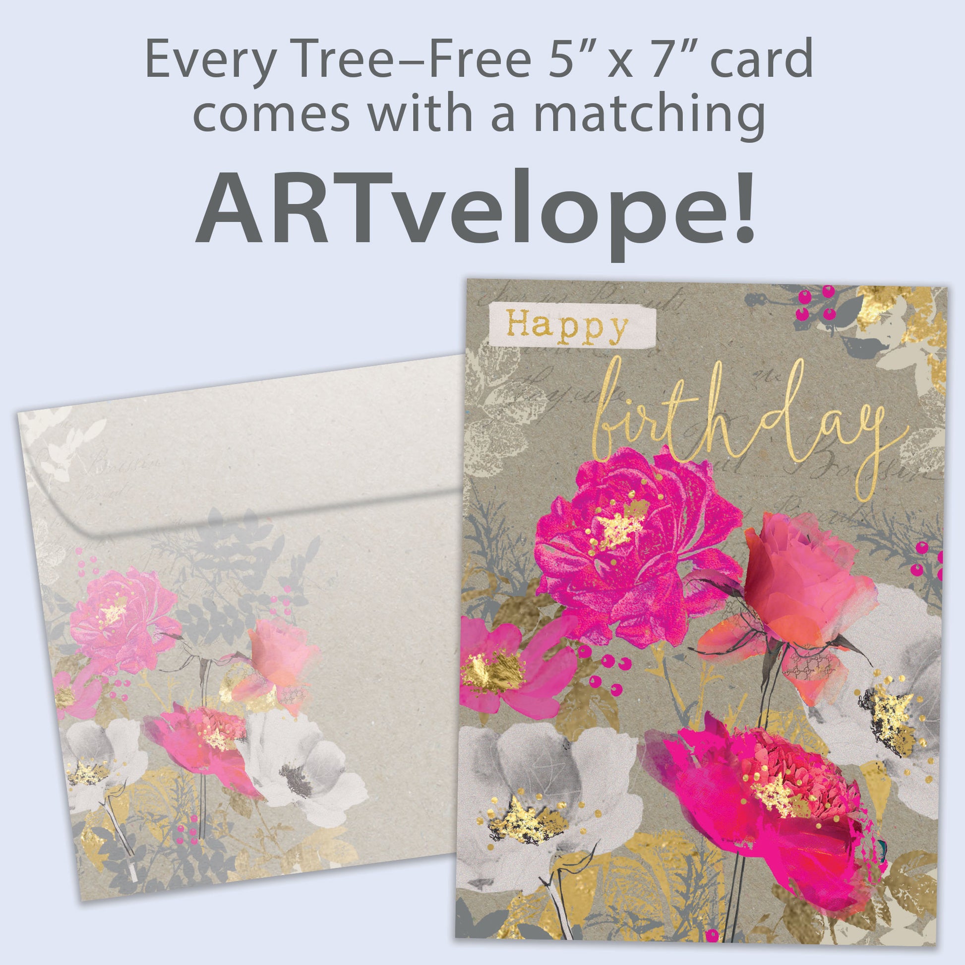 Front view of a Birthday greeting card featuring a floral design with the message "Happy Birthday," with matching envelope artwork.