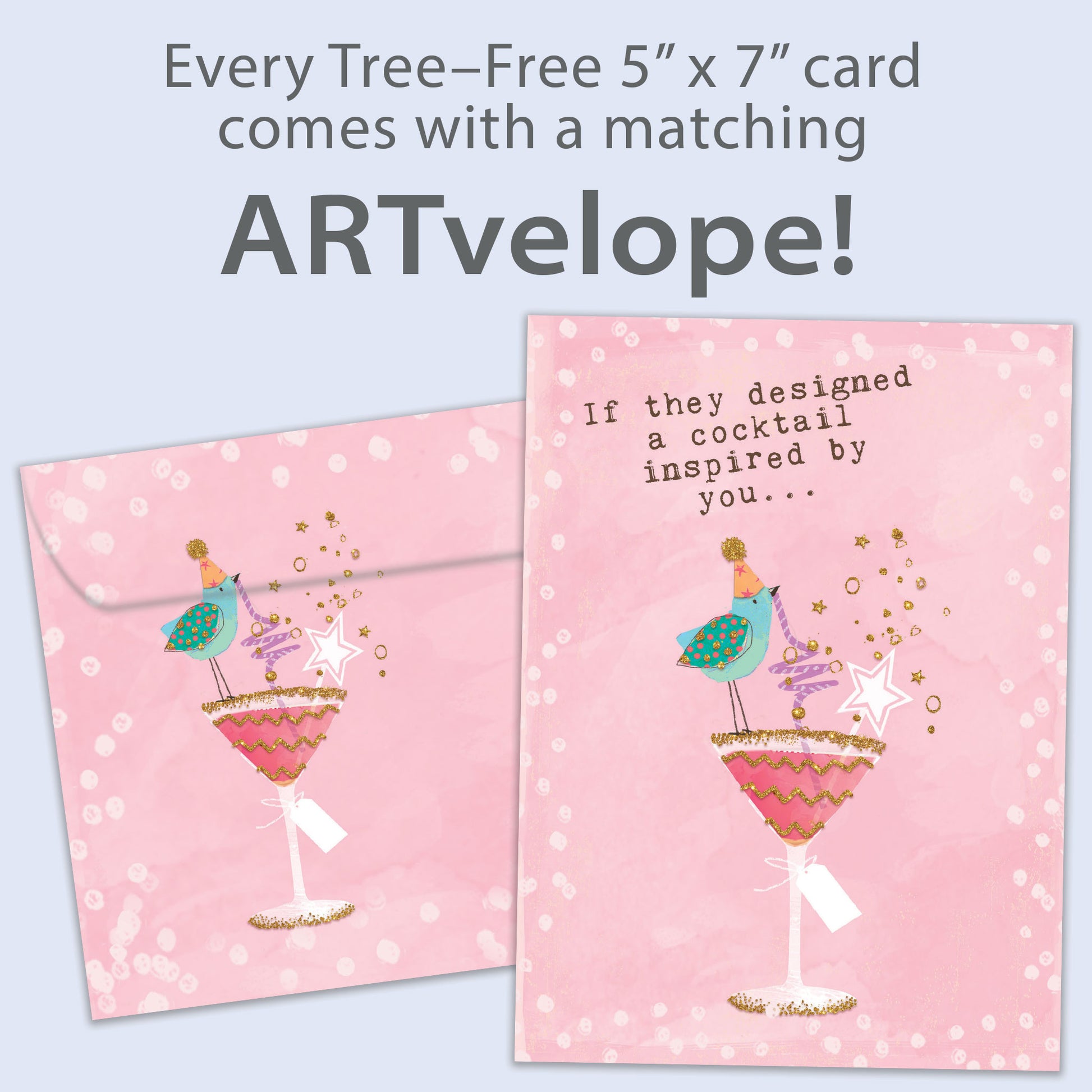 Front view of a Birthday greeting card featuring a bird sipping on a cocktail with a pink background, with matching envelope artwork.