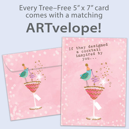 Front view of a Birthday greeting card featuring a bird sipping on a cocktail with a pink background, with matching envelope artwork.
