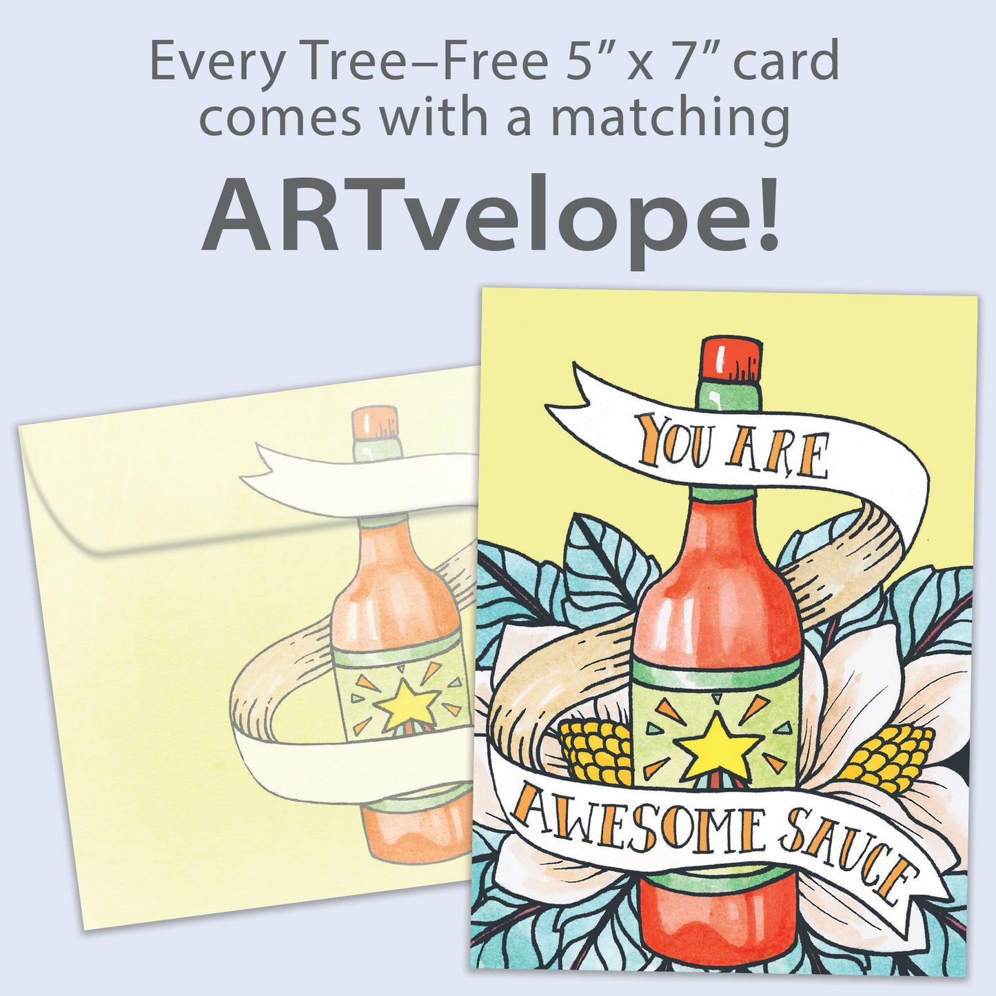 Front view of a Birthday greeting card featuring a bottle of sauce with the message "You are awesome sauce," with matching envelope artwork.