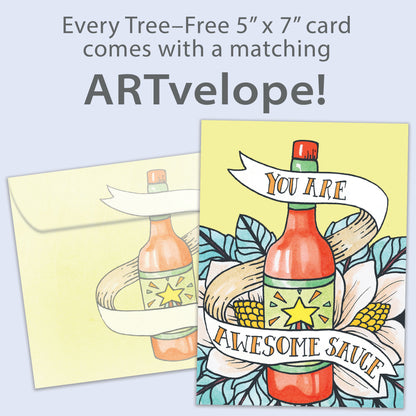 Front view of a Birthday greeting card featuring a bottle of sauce with the message "You are awesome sauce," with matching envelope artwork.