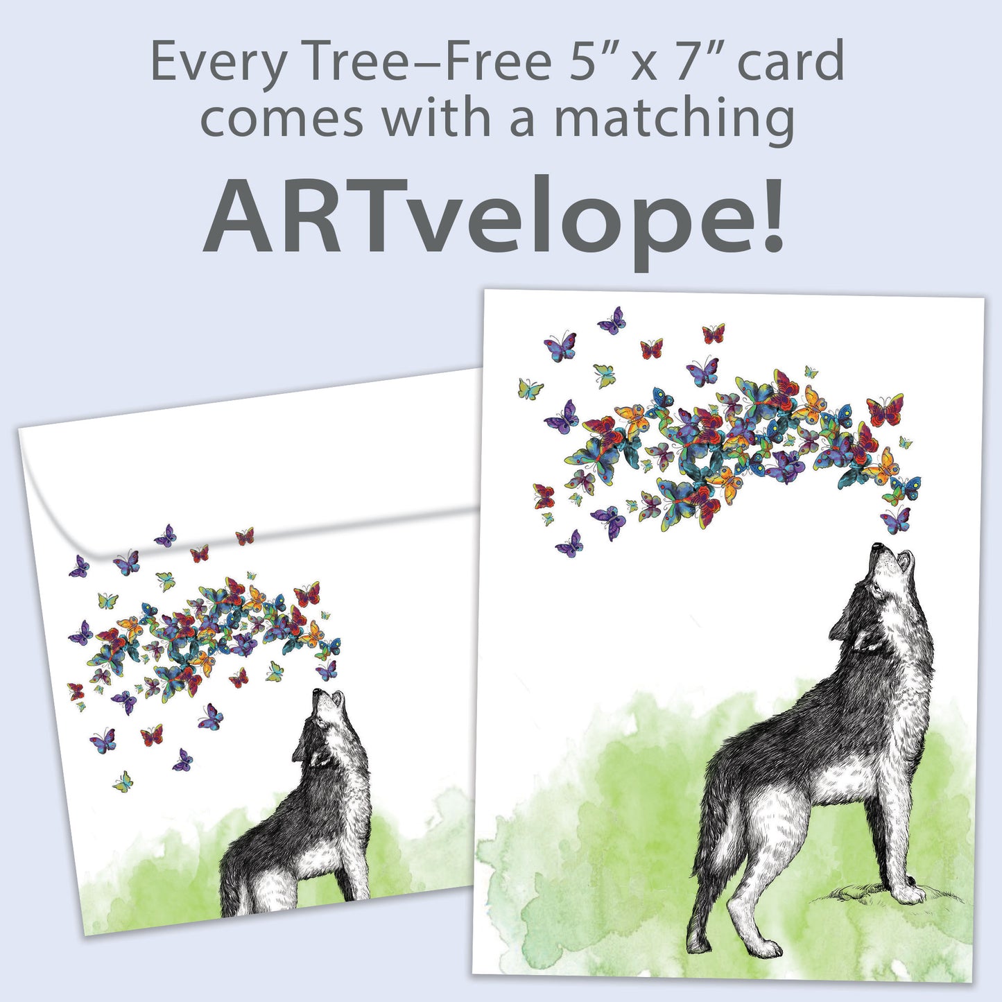 Front view of a Birthday greeting card featuring a wolf howling butterflies, with matching envelope artwork.