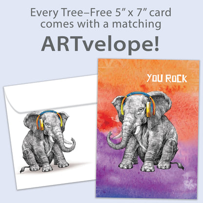 Front view of a Birthday greeting card showcasing an elephant with headphones and the message "You rock," with a matching envelope.